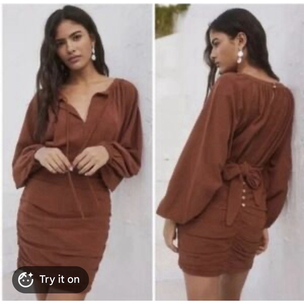 Free People Dress Large Terracotta Ruched Gauzy Open Back Ballon Sleeve